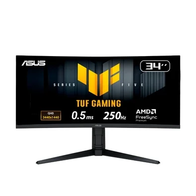 Monitor Gamer Curvo ASUS TUF 34"", WQHD, 250Hz, 0.5ms, Fast VA, FreeSync Premium, Altura Ajustável, Som Integrado, Preto - VG34WQML5A