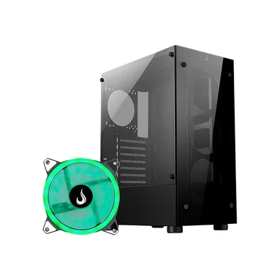 Gabinete Gamer Rise Mode Glass 06X, Mid Tower, ATX, Lateral em Vidro Fumê e Frontal em Vidro Temperado, Sem FANs, Preto + Ventoinha Rise Mode Galaxy Motherboard, 120mm, RGB, Preto