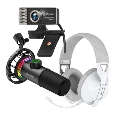 Kit Streamer Microfone Gamer Cardióide KBM! GAMING + Headset Gamer Husky Matilha, P3 3.5mm, Driver 40mm , Branco + Webcam Husky Focus HD 720p, 30fps