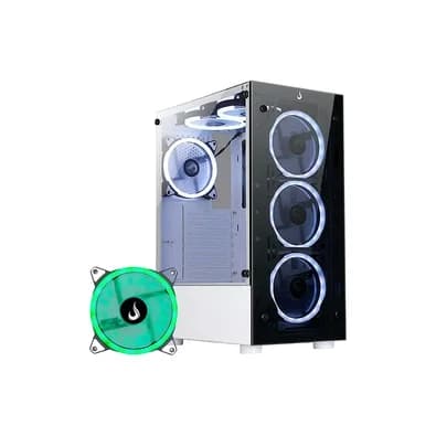 Gabinete Gamer Rise Mode Glass 06X Frost, Mid Tower, ATX, Frontal e Lateral em Vidro Temperado, Sem FANs, Branco + Ventoinha Rise Mode Galaxy Motherboard, 120mm, RGB, Preto
