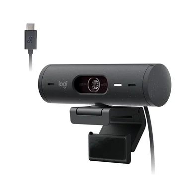 Webcam + Suporte Logitech Brio 500 Full HD, 1080p, 30 FPS, com Microfones Duplos, USB, Suporte Incluso, Grafite - 960-001412