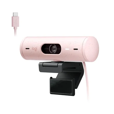 Webcam + Suporte Logitech Brio 500 Full HD, 1080p, 30 FPS, com Microfones Duplos, USB, Suporte Incluso, Rosa - 960-001418